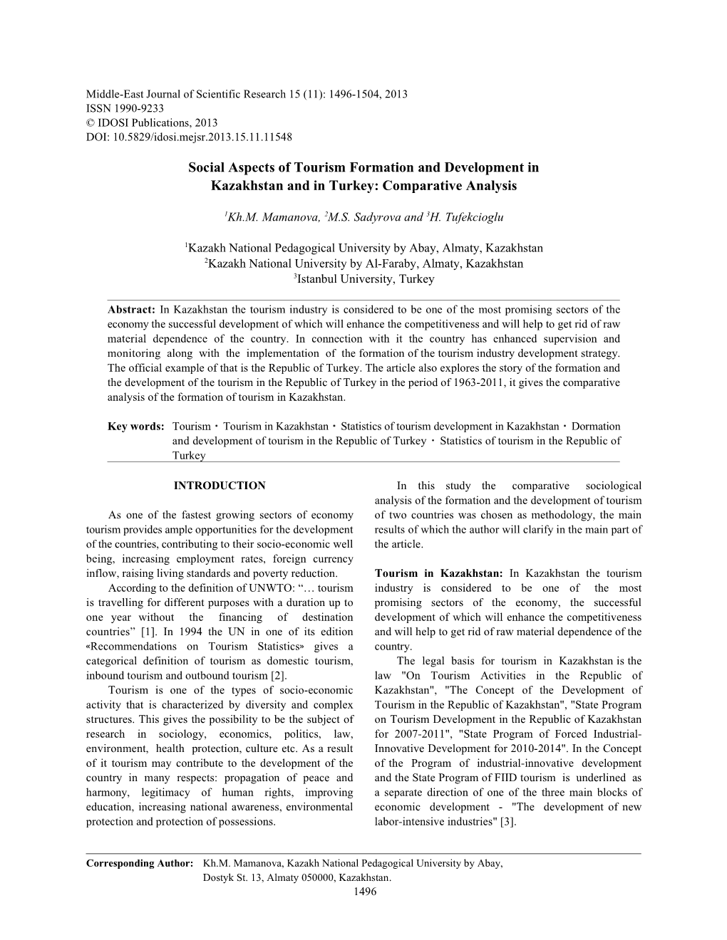 Social Aspects of Tourism Formation and Development in Kazakhstan and in Turkey: Comparative Analysis