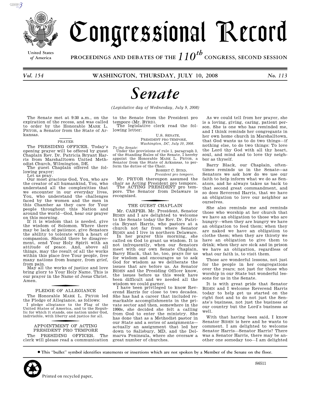 Senate (Legislative Day of Wednesday, July 9, 2008)