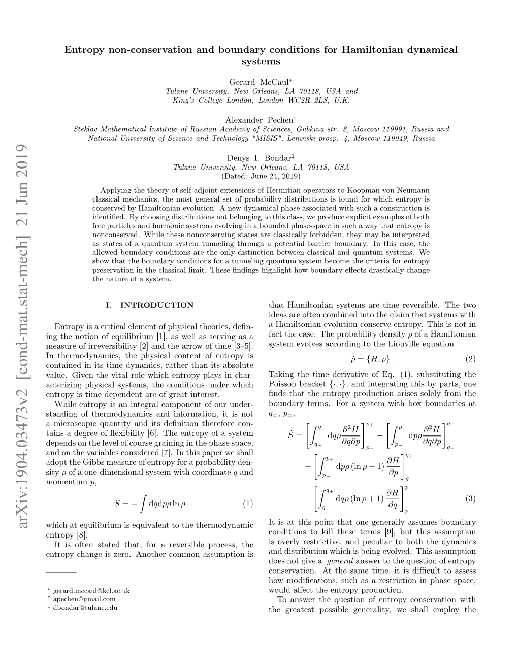 Entropy Non-Conservation and Boundary Conditions for Hamiltonian Dynamical Systems