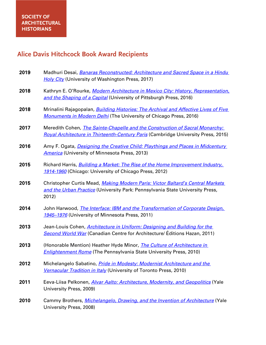 Alice Davis Hitchcock Book Award Recipients