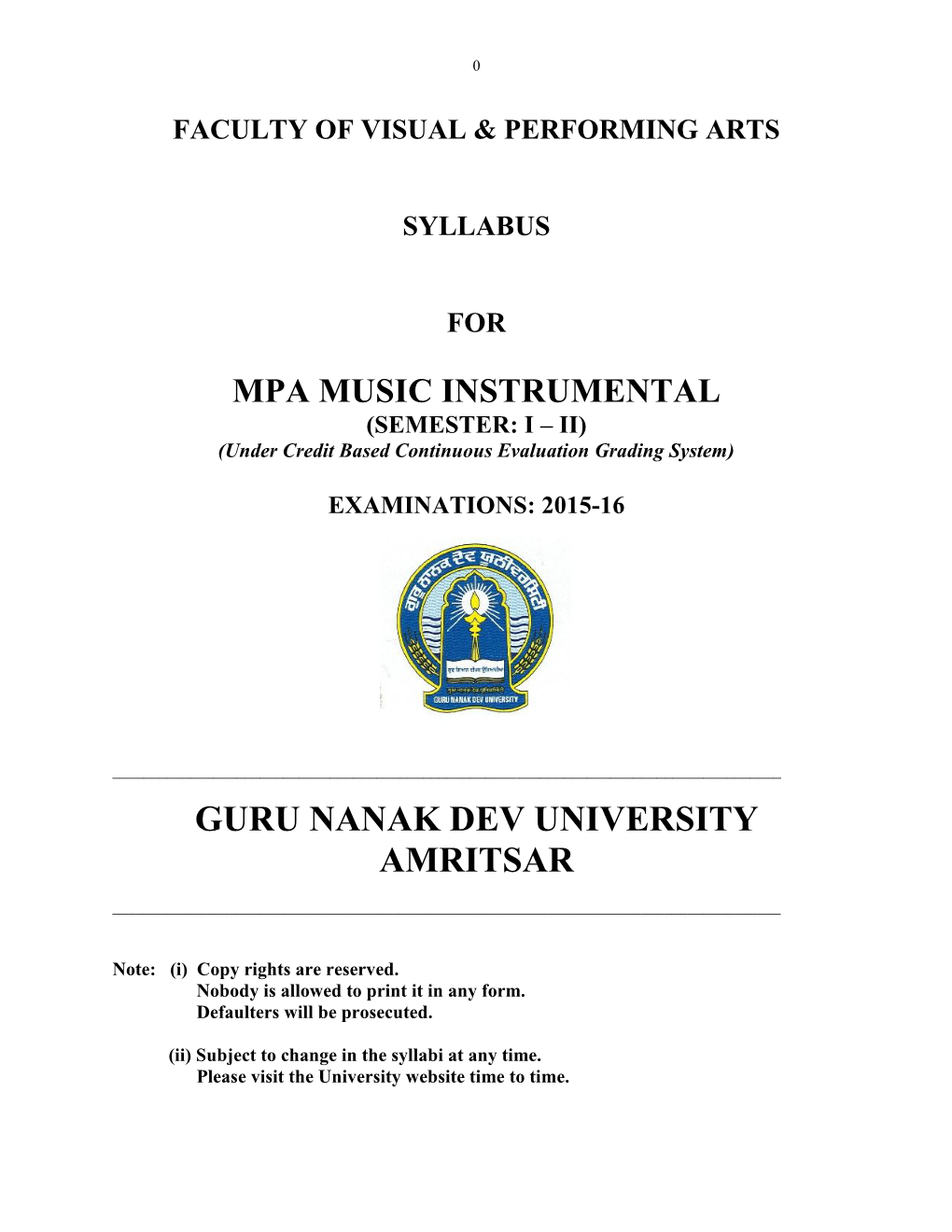 Faculty of Visual & Performing Arts Syllabus for Mpa Music Instrumental