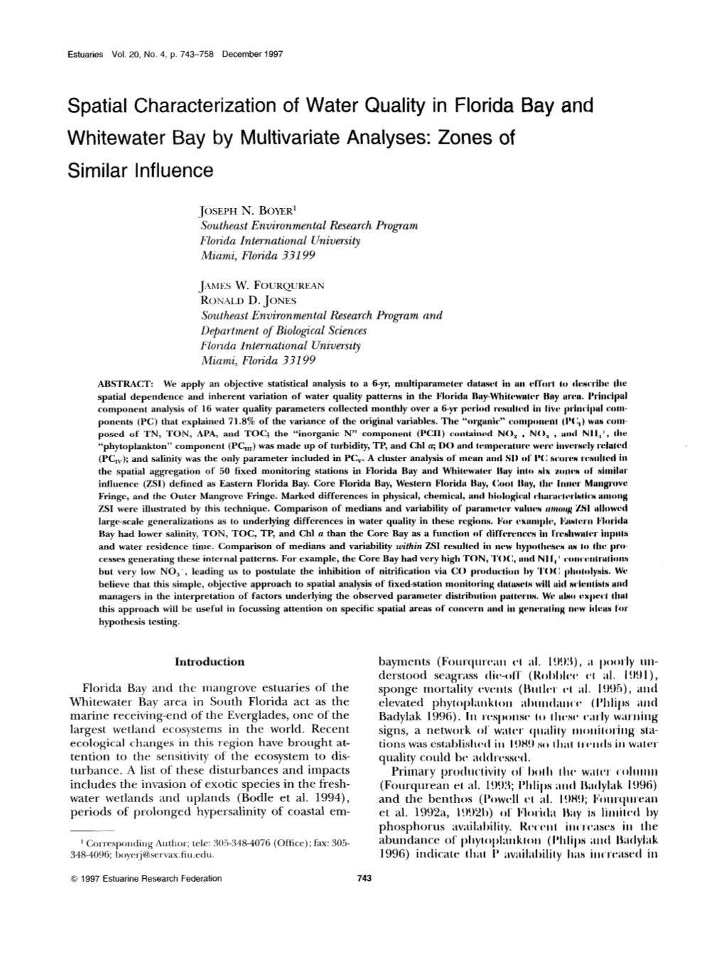 Spatial Characterization of Water Quality in Florida Bay and Whitewater Y Multivariate Analyses: Zones of Similar Influence