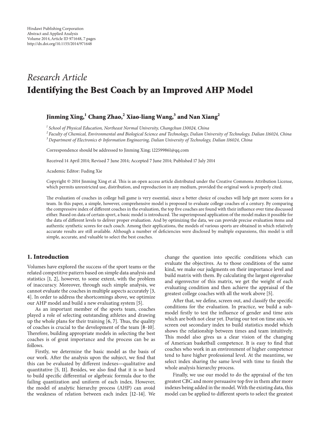 Research Article Identifying the Best Coach by an Improved AHP Model