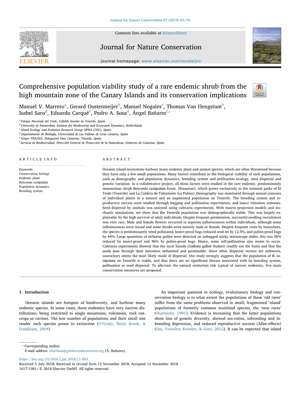 Comprehensive Population Viability Study of a Rare Endemic Shrub from the High Mountain Zone of the Canary Islands and Its Conservation Implications T