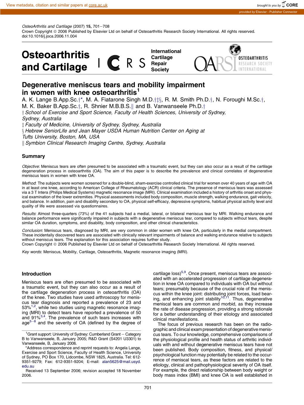 Degenerative Meniscus Tears and Mobility Impairment in Women with Knee Osteoarthritis1 A