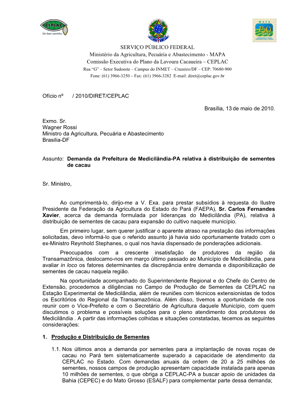Reivindicação Da Prefeitura De Medicilândia-PA, Referente À