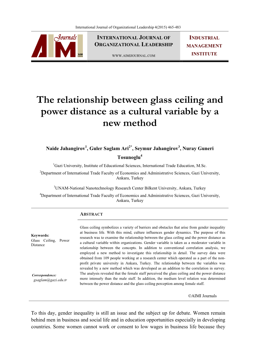 The Relationship Between Glass Ceiling and Power Distance As a Cultural Variable by a New Method