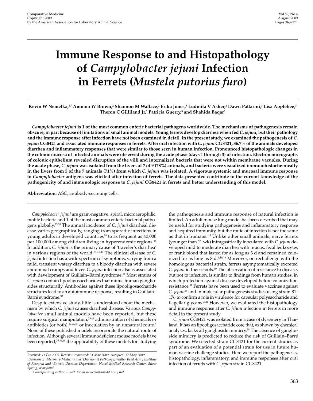 Immune Response to and Histopathology of &lt;I&gt;Campylobacter Jejuni&lt;/I&gt; Infection in Ferrets (&lt;I&gt;Mustela Putorius