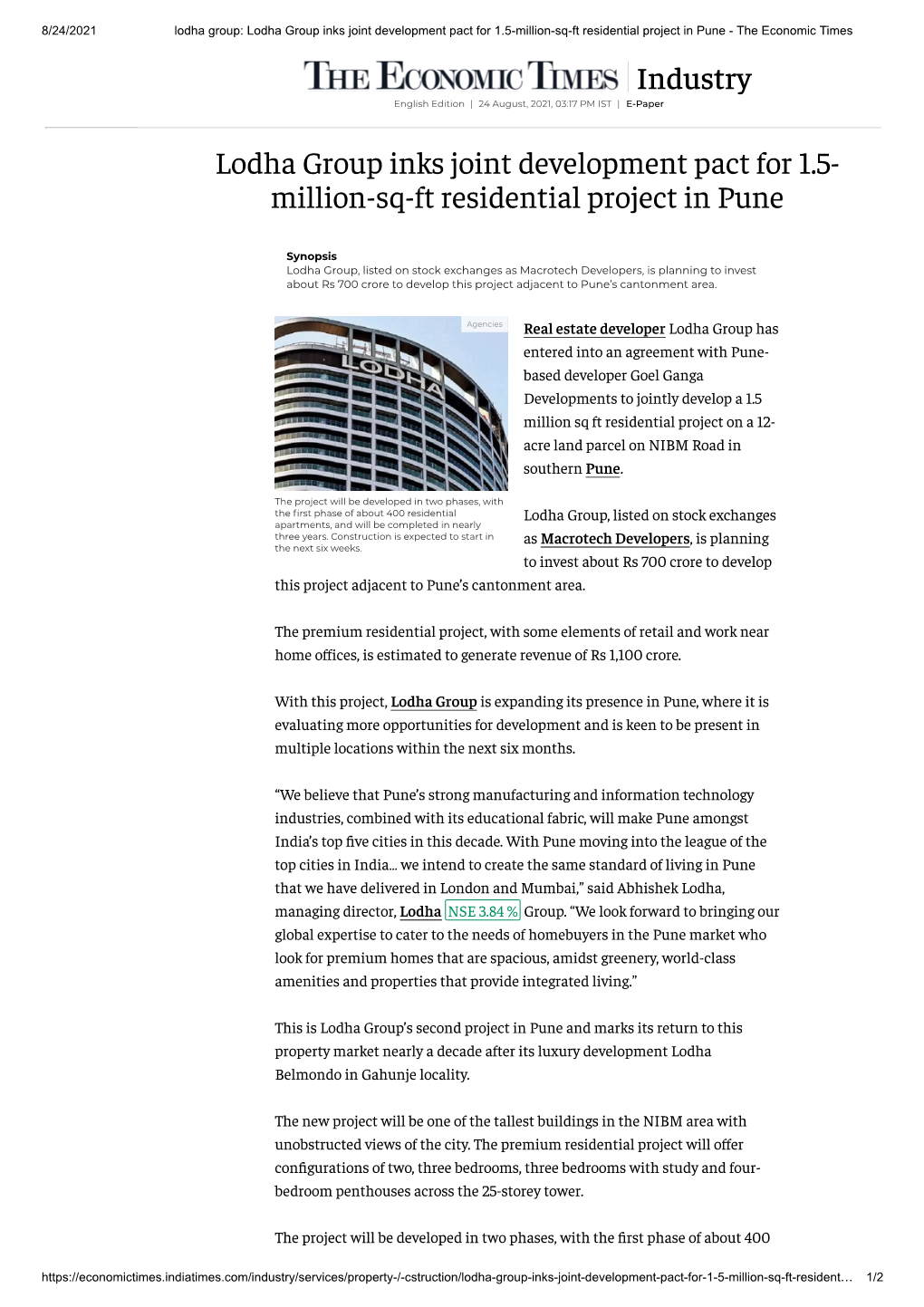Lodha Group Inks Joint Development Pact For
