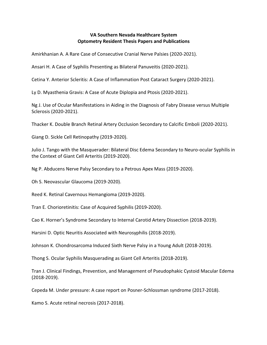 VA Southern Nevada Healthcare System Optometry Resident Papers