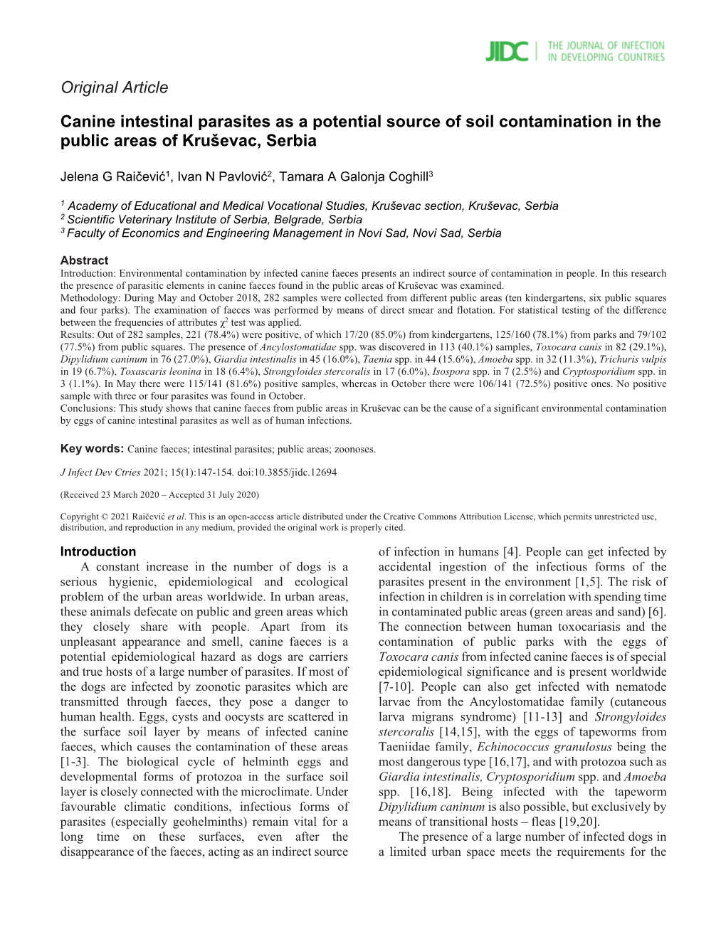 Original Article Canine Intestinal Parasites As a Potential Source of Soil Contamination in the Public Areas of Kruševac, Serbi