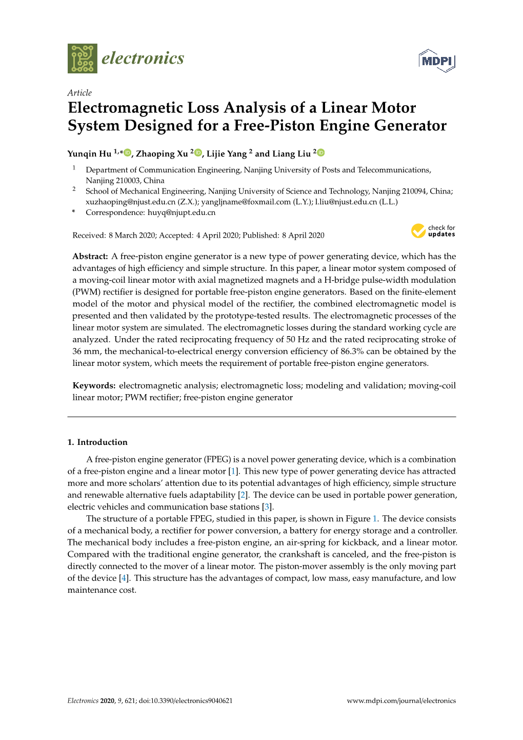 Electromagnetic Loss Analysis of a Linear Motor System Designed for a Free-Piston Engine Generator