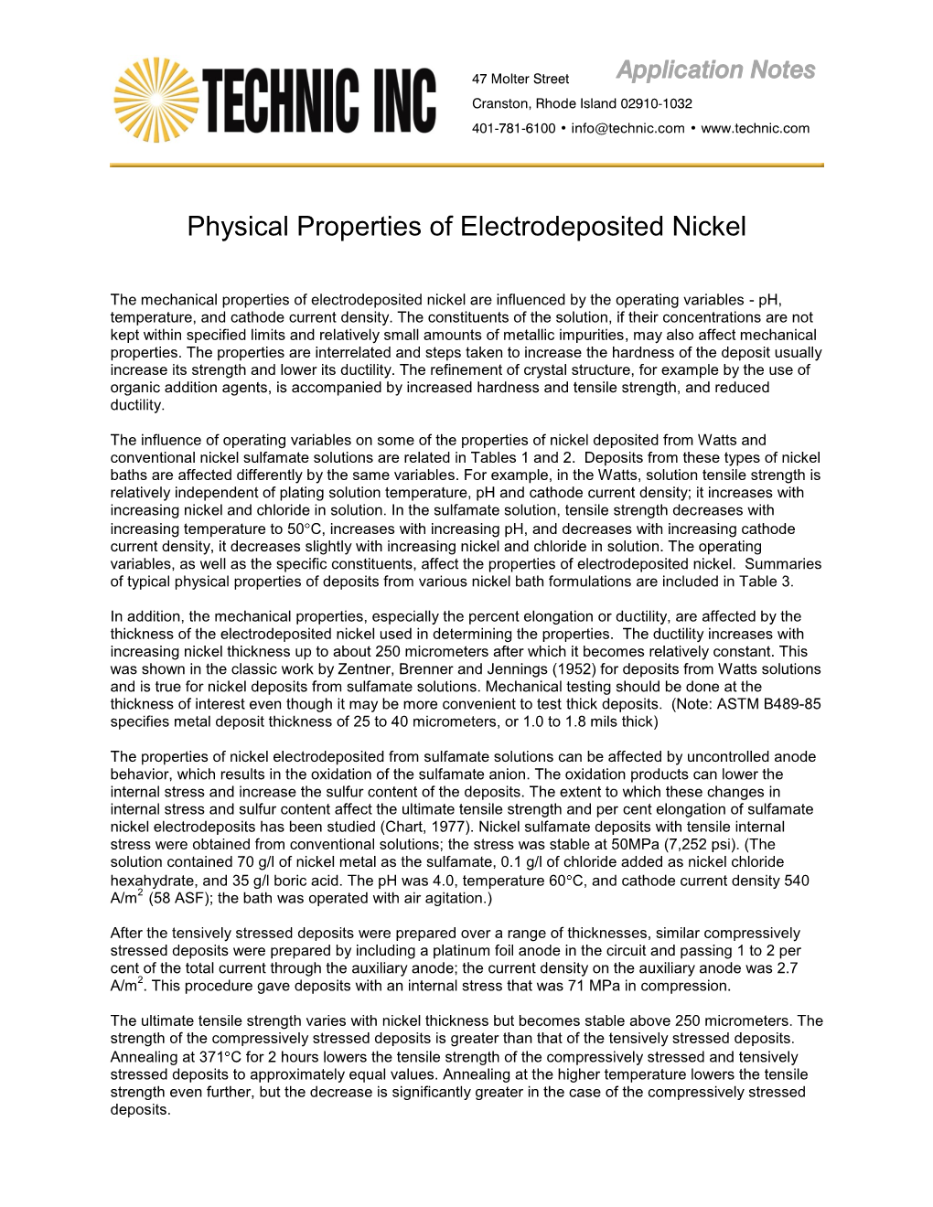 Physical Properties of Electrodeposited Nickel