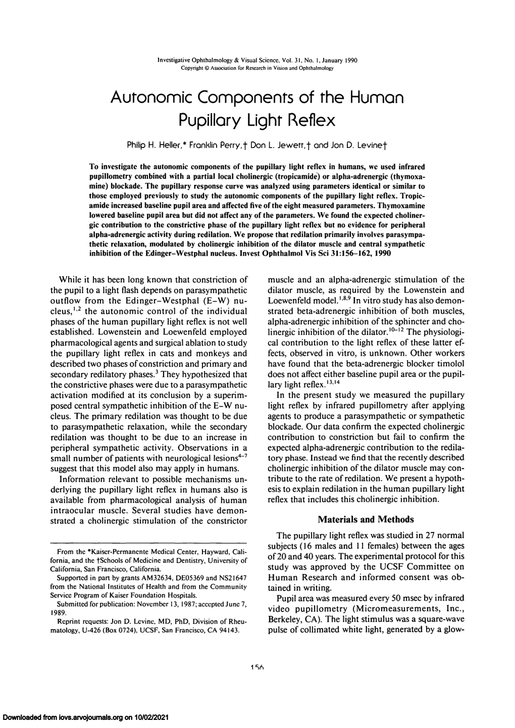 Autonomic Components of the Human Pupillary Light Reflex