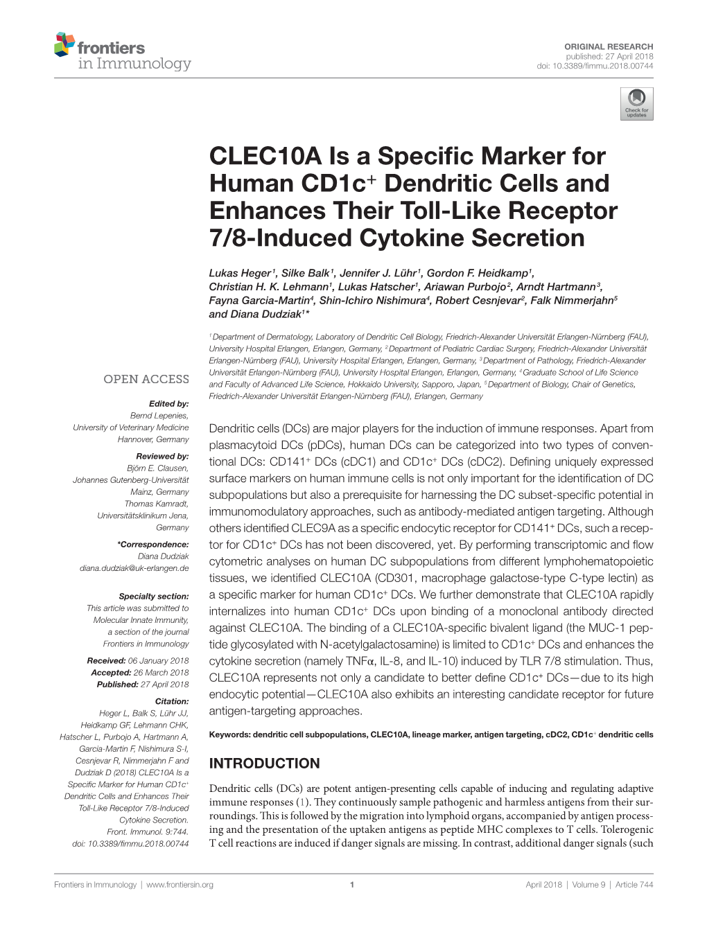 Clec10a Is a Specific Marker for Human Cd1c+ Dendritic Cells and Enhances Their Toll-Like Receptor 7/8-Induced Cytokine Secretion