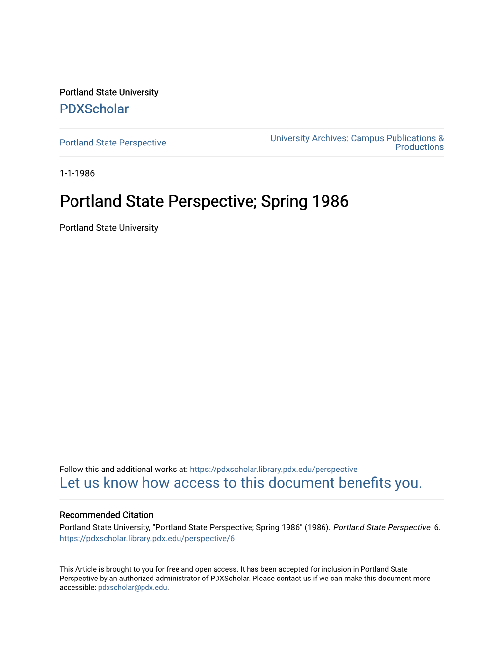 Portland State Perspective; Spring 1986