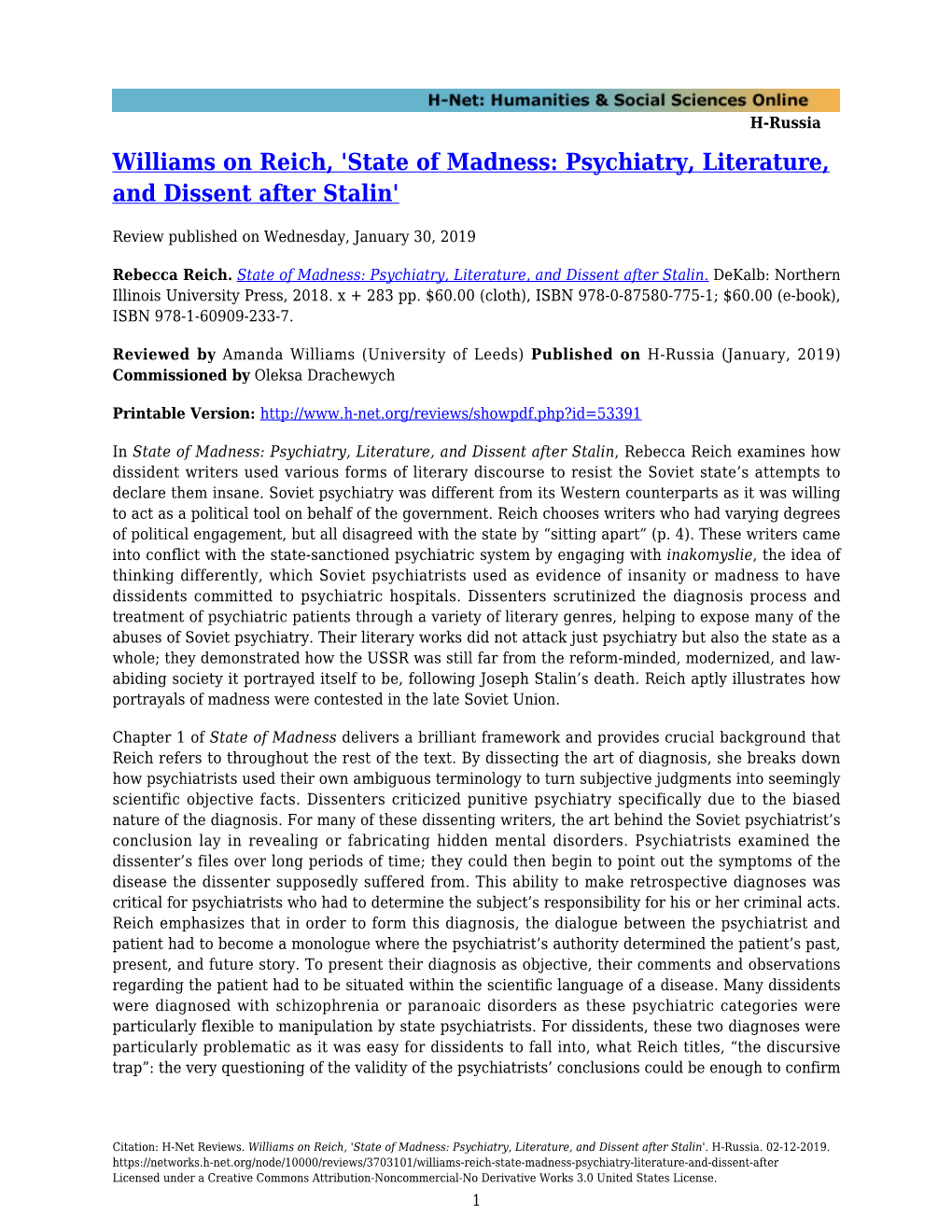 Williams on Reich, 'State of Madness: Psychiatry, Literature, and Dissent After Stalin'