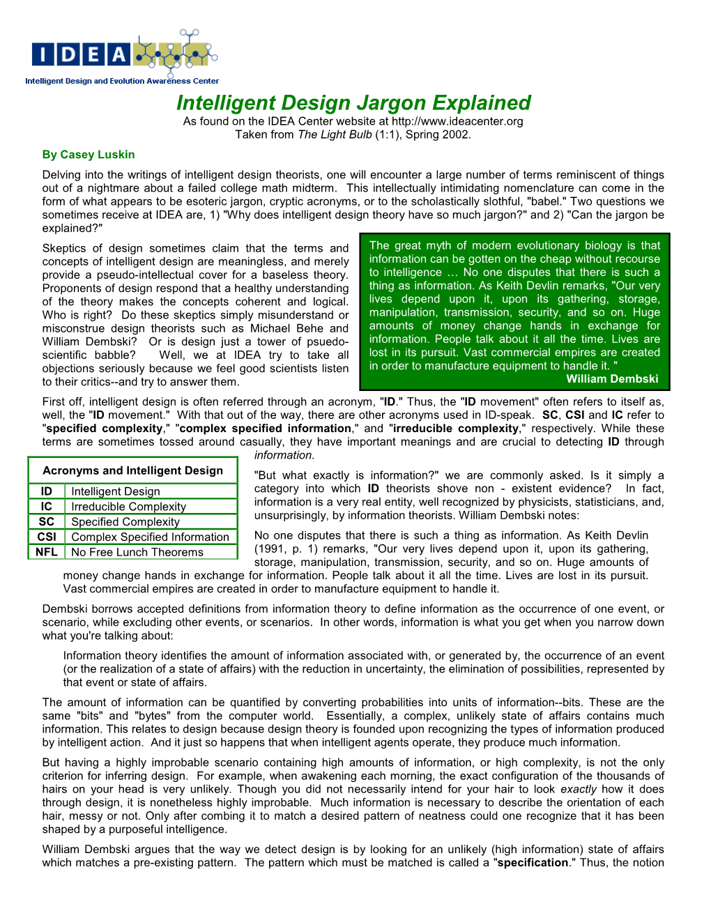 Intelligent Design Jargon Explained As Found on the IDEA Center Website at Taken from the Light Bulb (1:1), Spring 2002