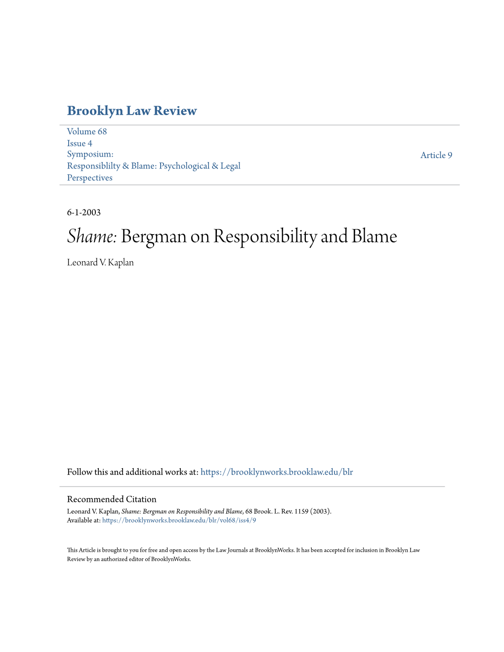 Shame: Bergman on Responsibility and Blame Leonard V