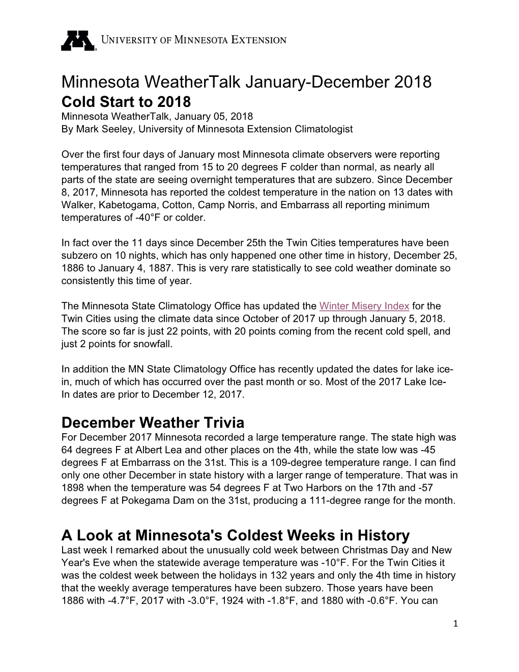 Minnesota Weathertalk January-December 2018