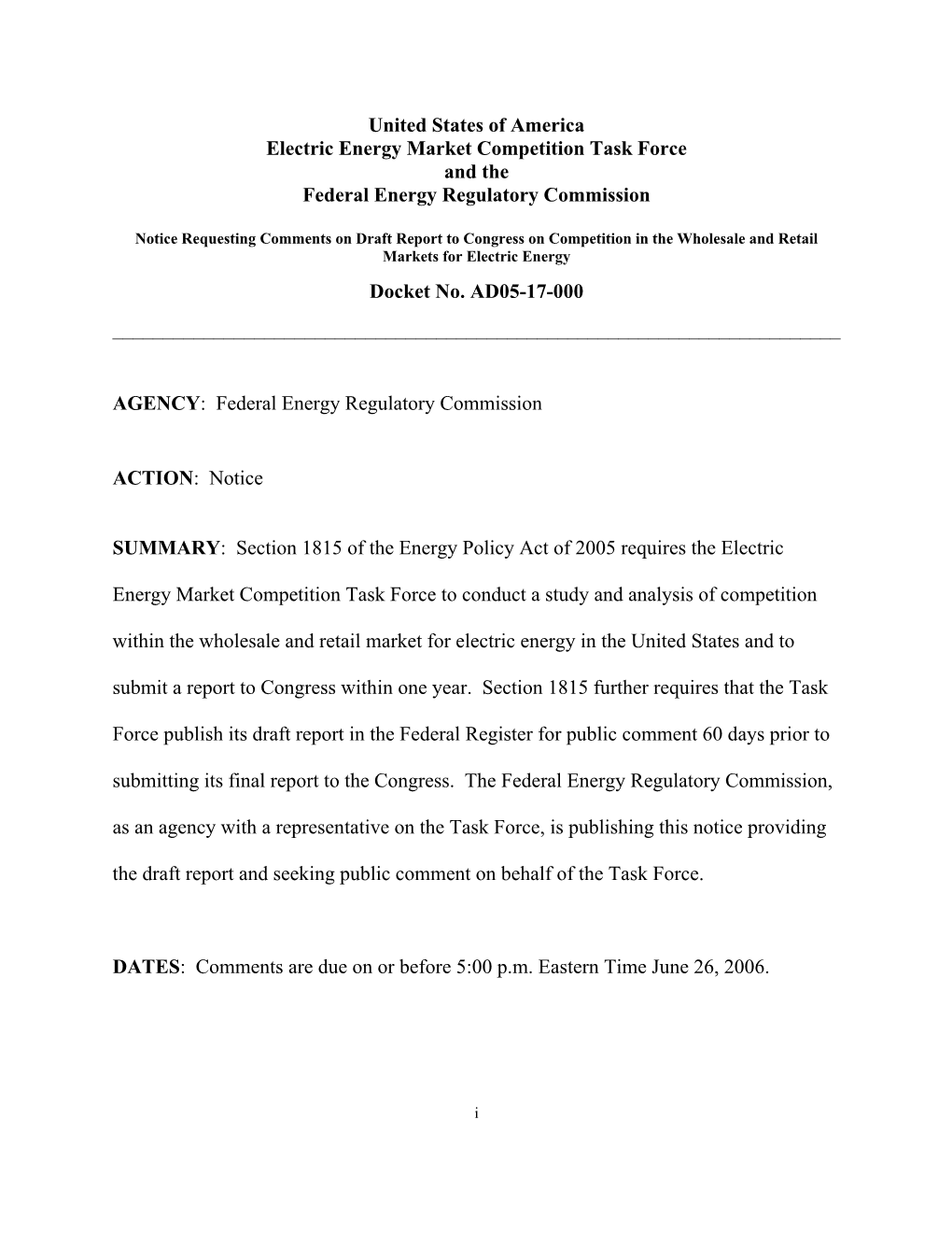 United States of America Electric Energy Market Competition Task Force and the Federal Energy Regulatory Commission