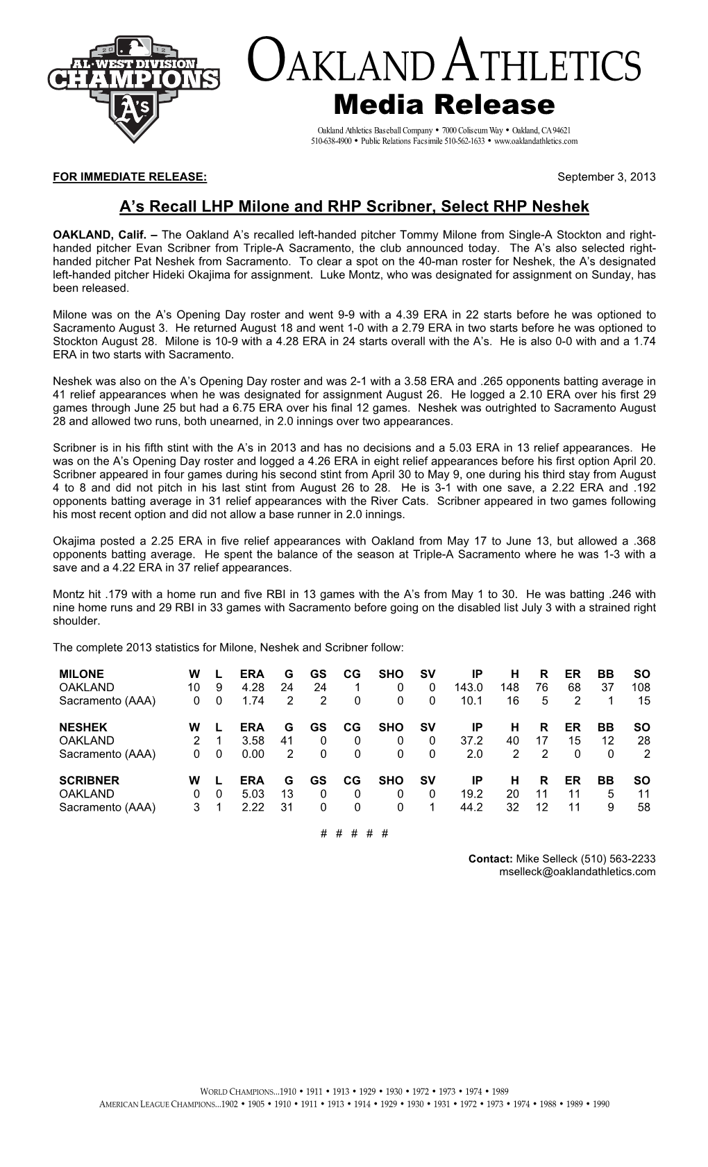 09-03-2013 Athletics Recall LHP Milone and RHP Scribner, Select