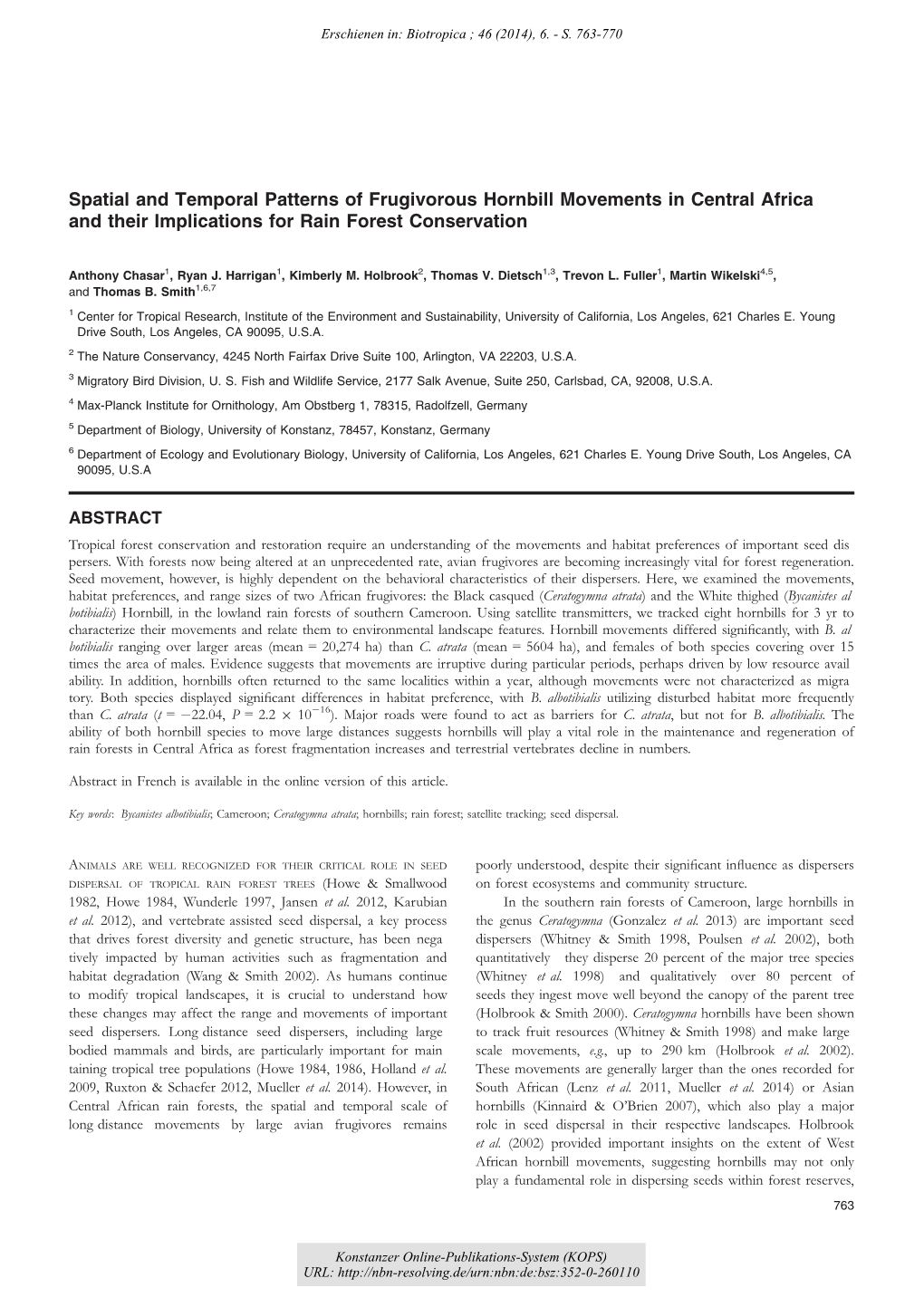 Spatial and Temporal Patterns of Frugivorous Hornbill Movements in Central Africa and Their Implications for Rain Forest Conservation