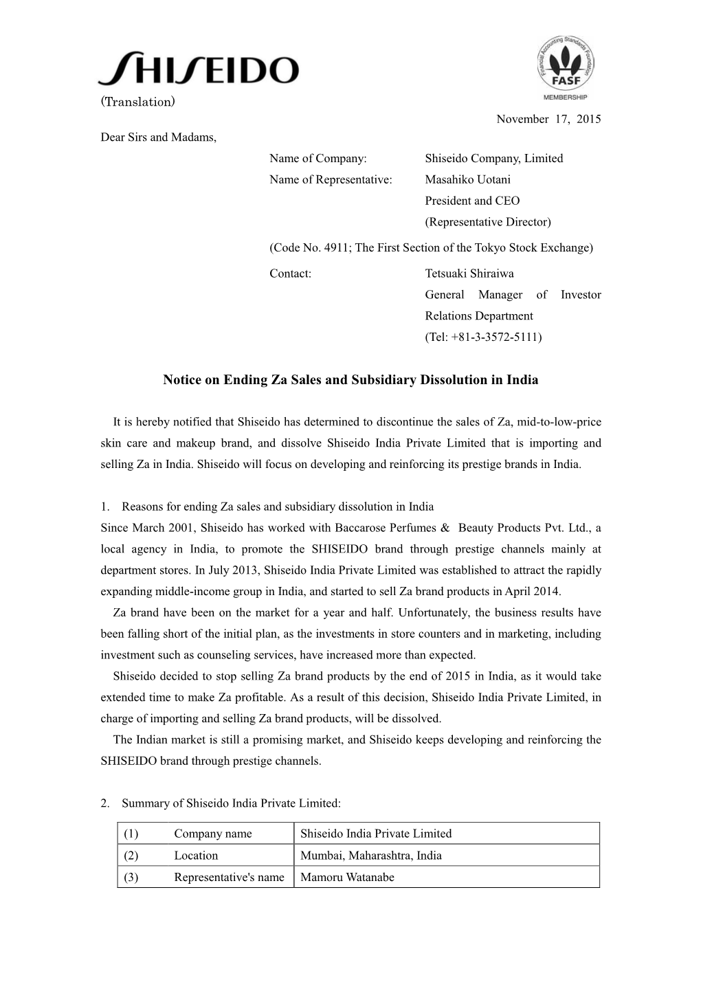 Notice on Ending Za Sales and Subsidiary Dissolution in India