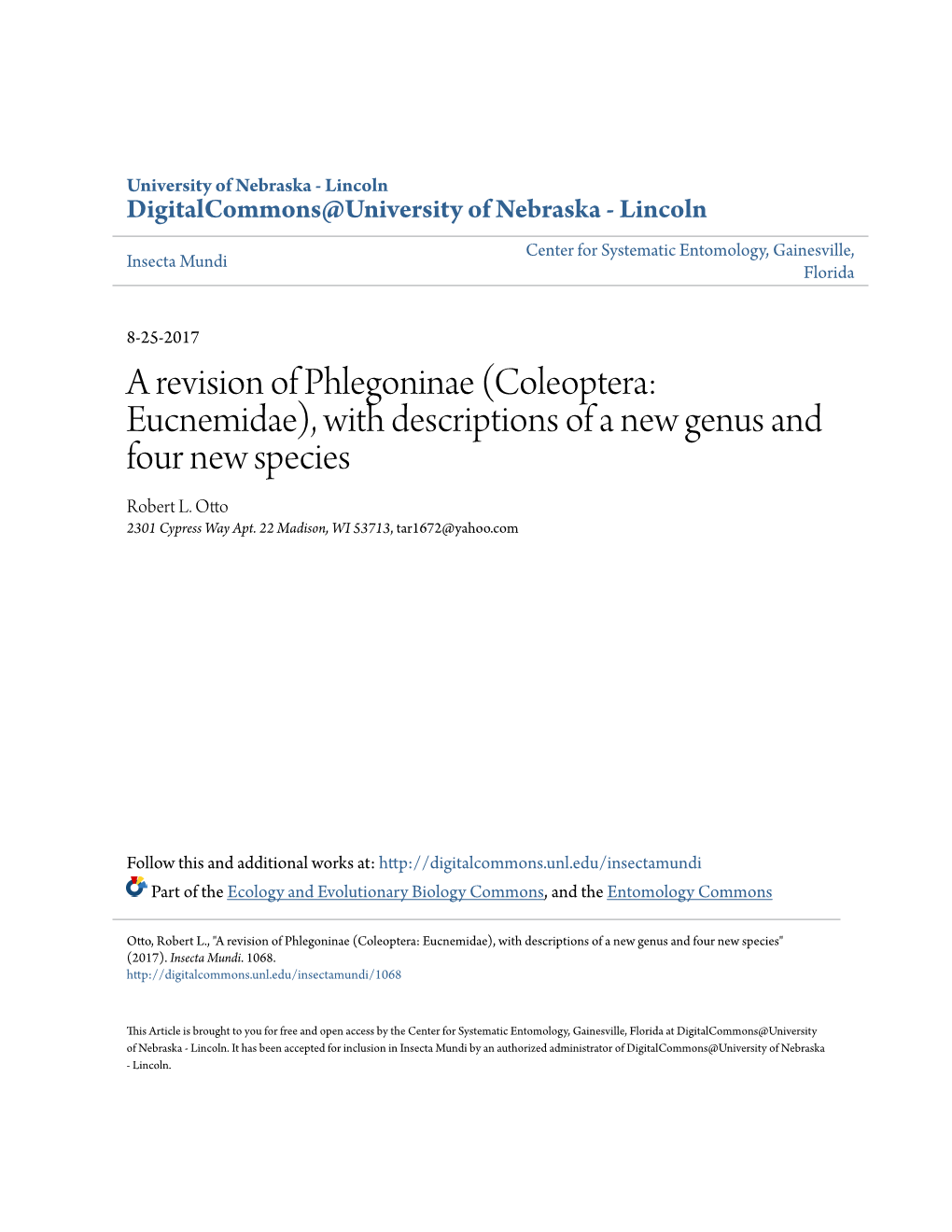 Coleoptera: Eucnemidae), with Descriptions of a New Genus and Four New Species Robert L