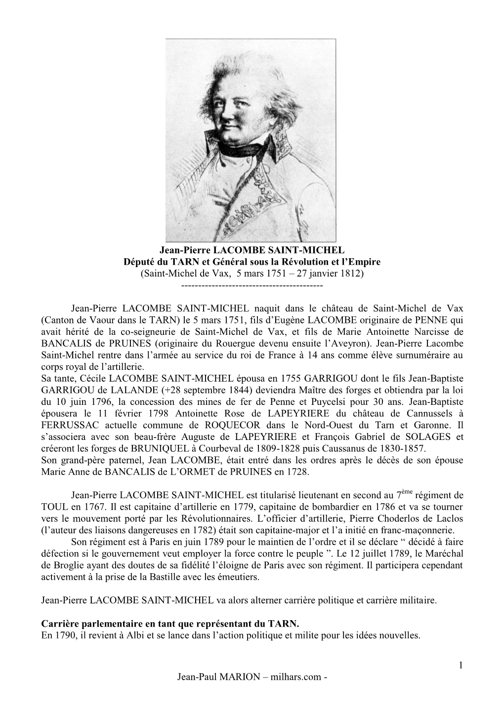 Jean-Pierre LACOMBE SAINT-MICHEL Député Du TARN Et Général Sous La Révolution Et L’Empire (Saint-Michel De Vax, 5 Mars 1751 – 27 Janvier 1812)