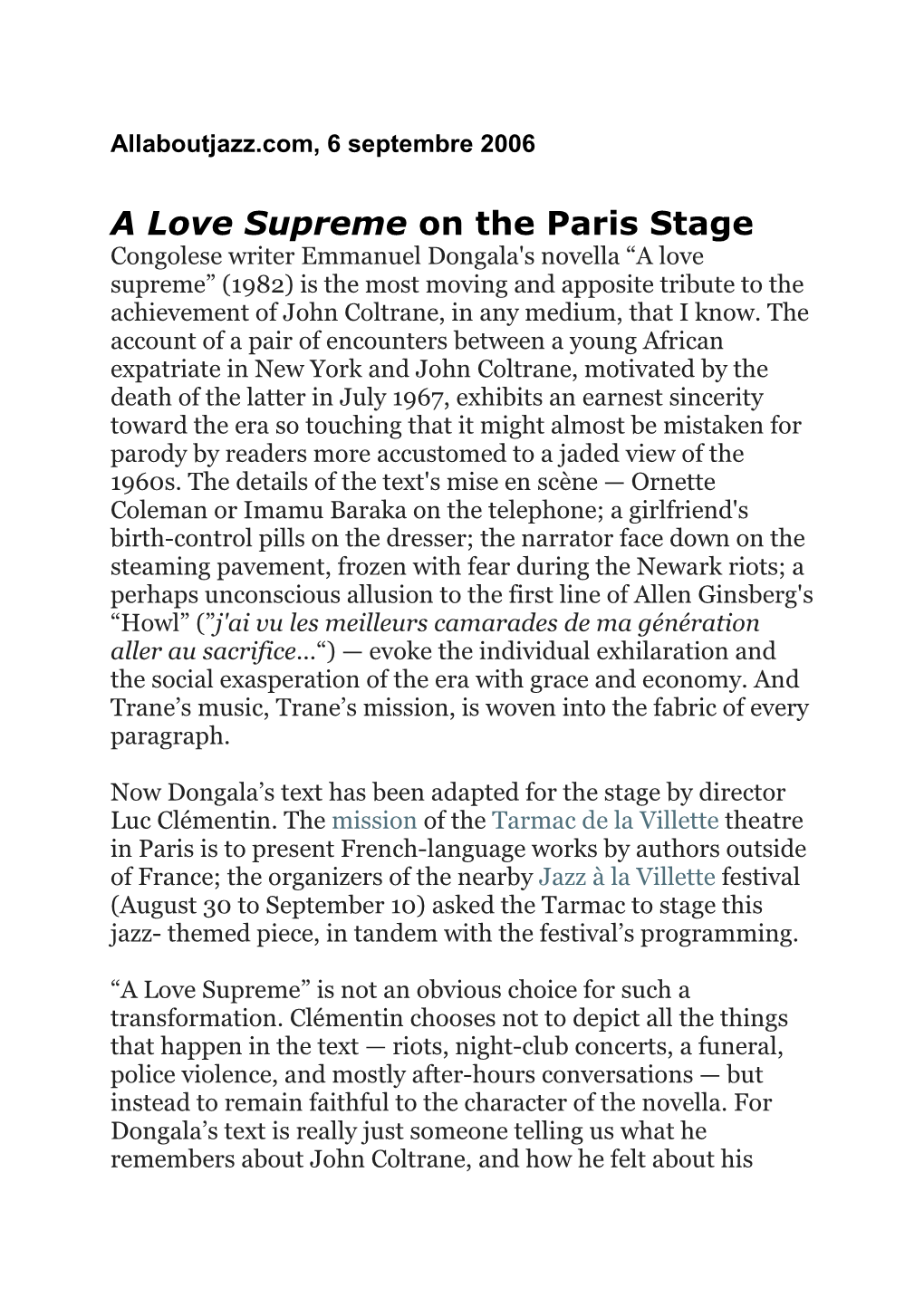 A Love Supreme on the Paris Stage