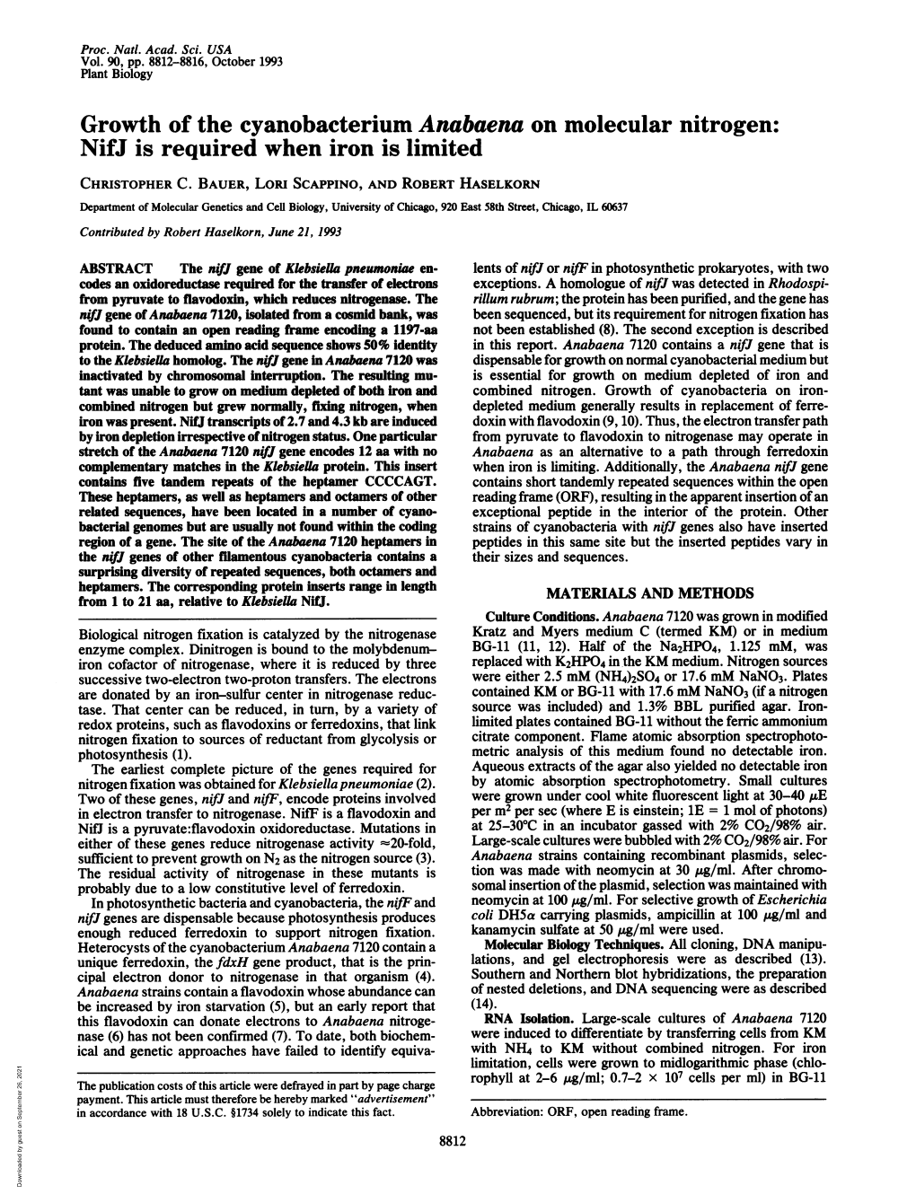 Growth of the Cyanobacterium Anabaena on Molecular Nitrogen: Nifj Is Required When Iron Is Limited CHRISTOPHER C