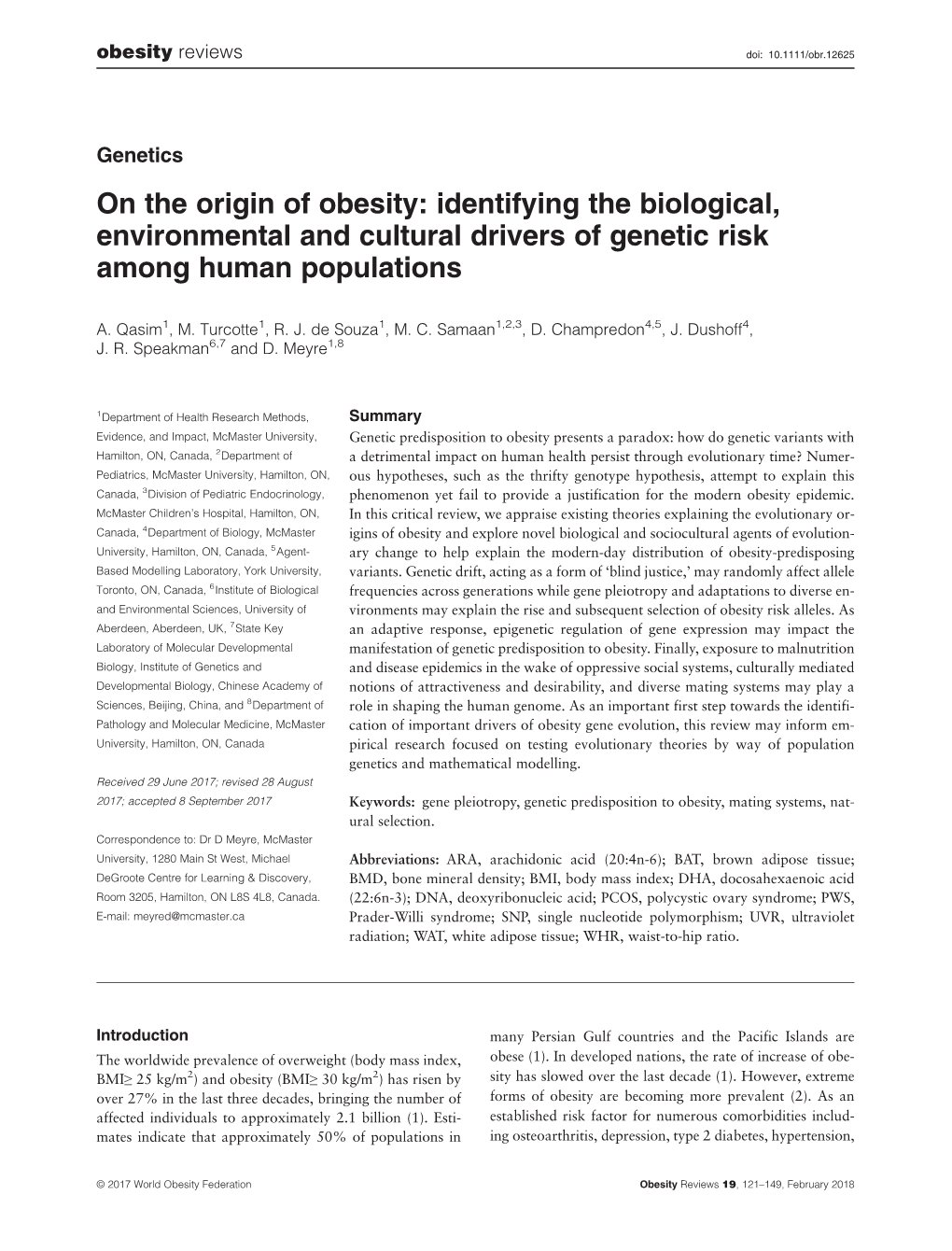 On the Origin of Obesity: Identifying the Biological, Environmental and Cultural Drivers of Genetic Risk Among Human Populations