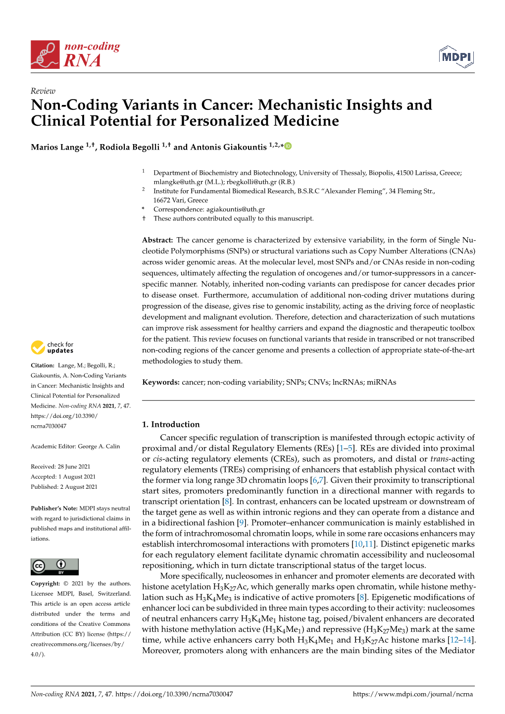 Non-Coding Variants in Cancer: Mechanistic Insights and Clinical Potential for Personalized Medicine