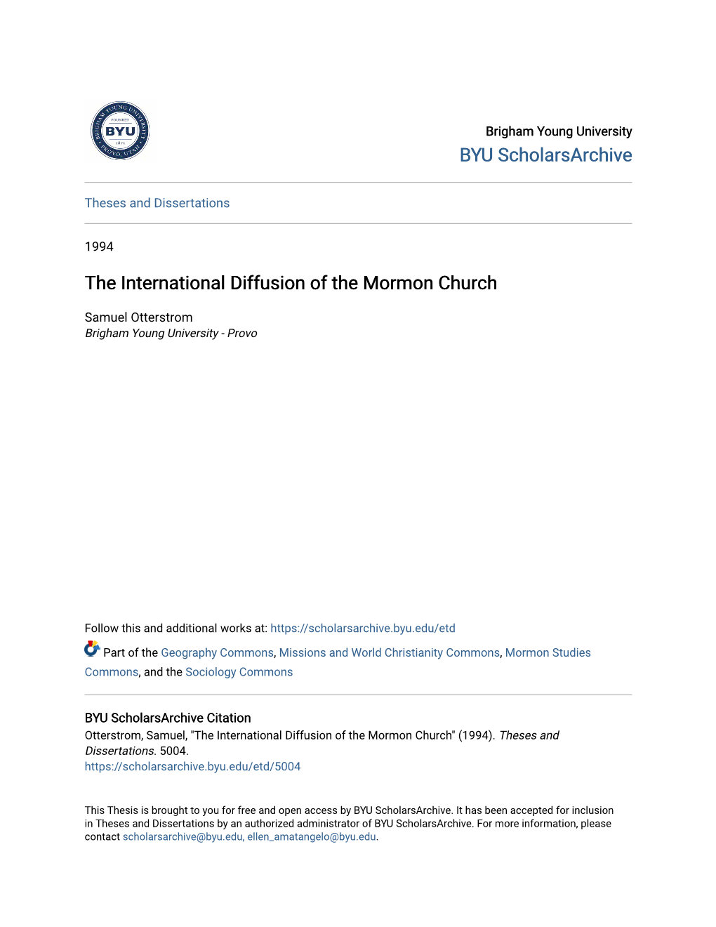 The International Diffusion of the Mormon Church