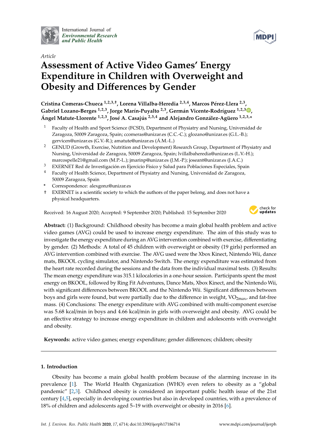 Assessment of Active Video Games' Energy Expenditure in Children