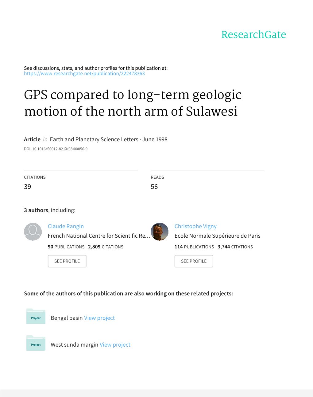 GPS Compared to Long-Term Geologic Motion of the North Arm of Sulawesi