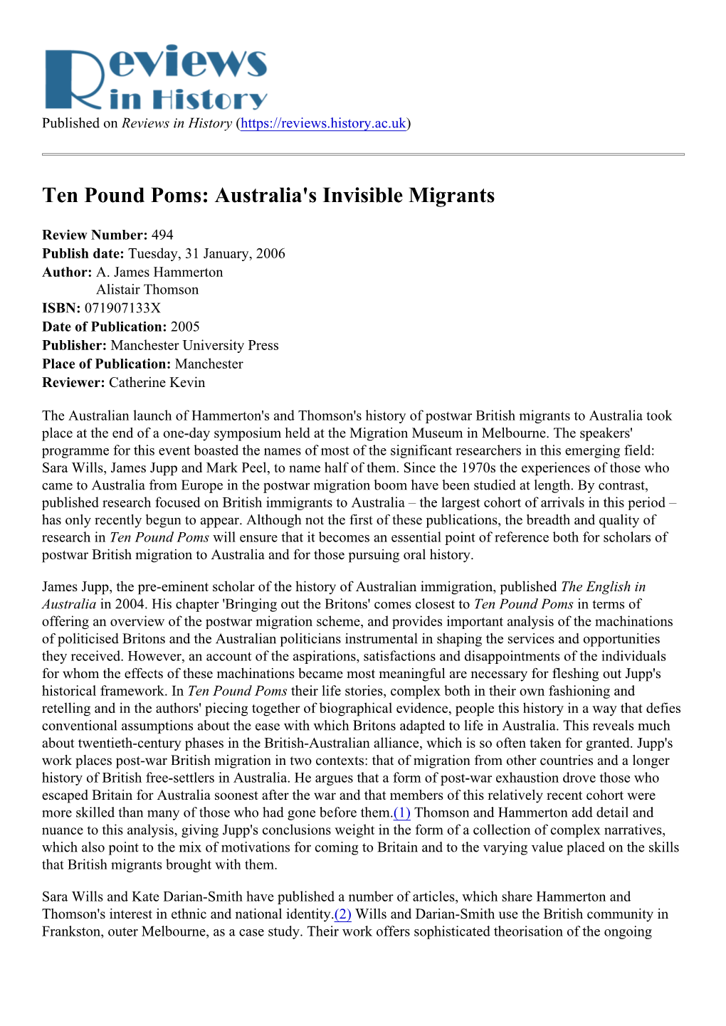Ten Pound Poms: Australia's Invisible Migrants