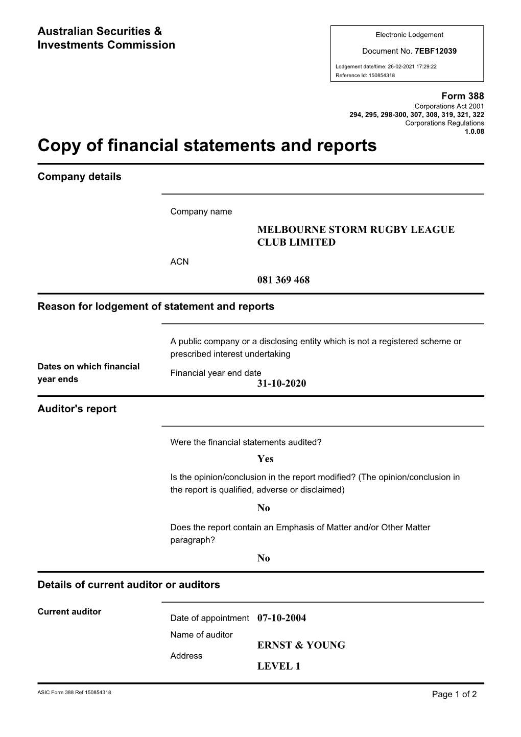 Copy of Financial Statements and Reports