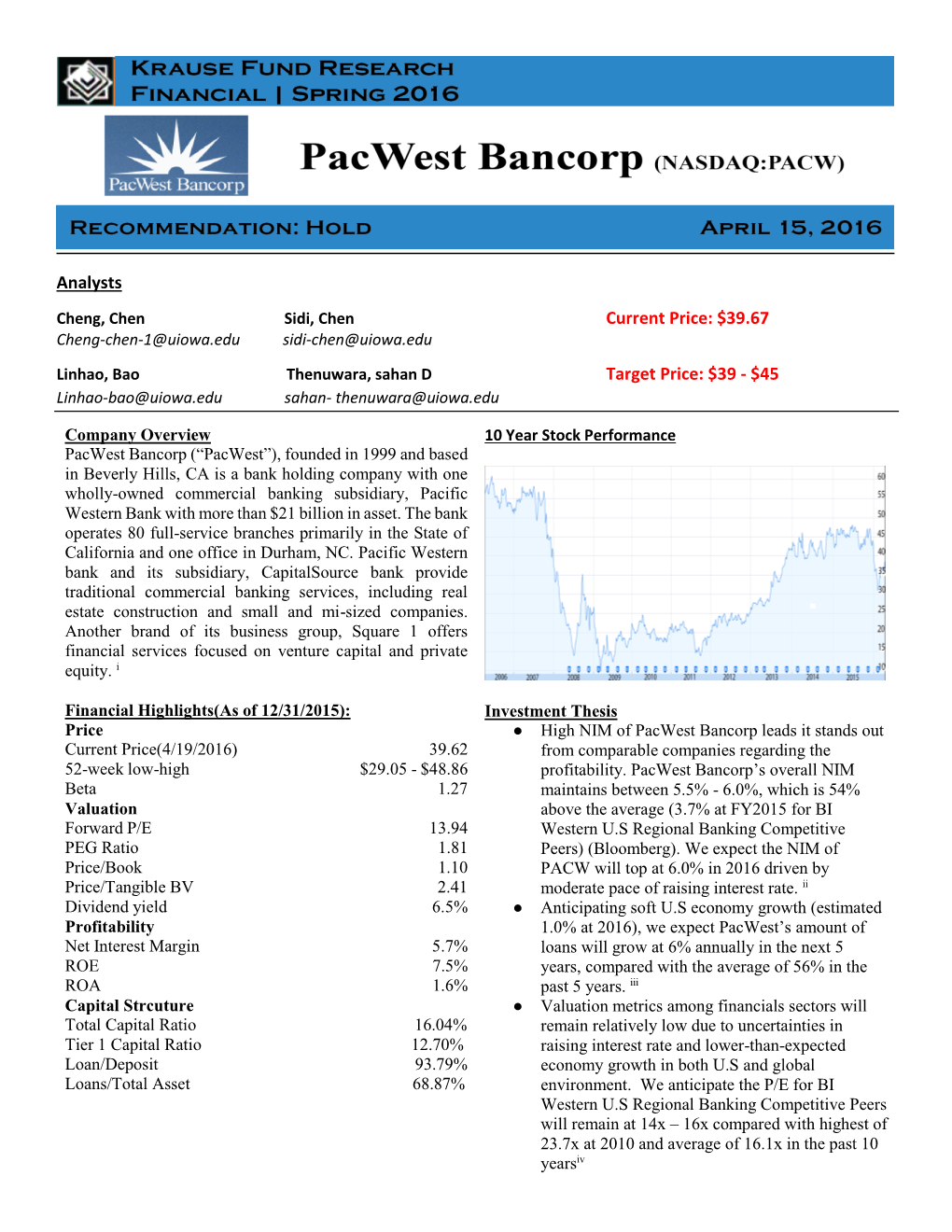 Analysts Current Price: $39.67 Target Price