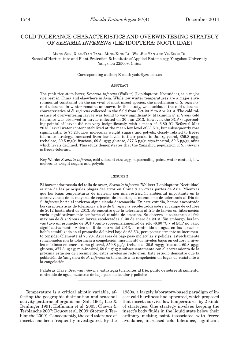 Cold Tolerance Characteristics and Overwintering Strategy of Sesamia Inferens (Lepidoptera: Noctuidae)