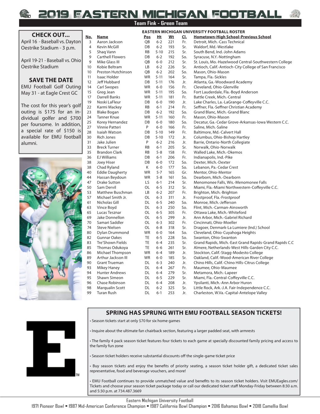 2019 Eastern Michigan Football Team Fink - Green Team EASTERN MICHIGAN UNIVERSITY FOOTBALL ROSTER CHECK OUT