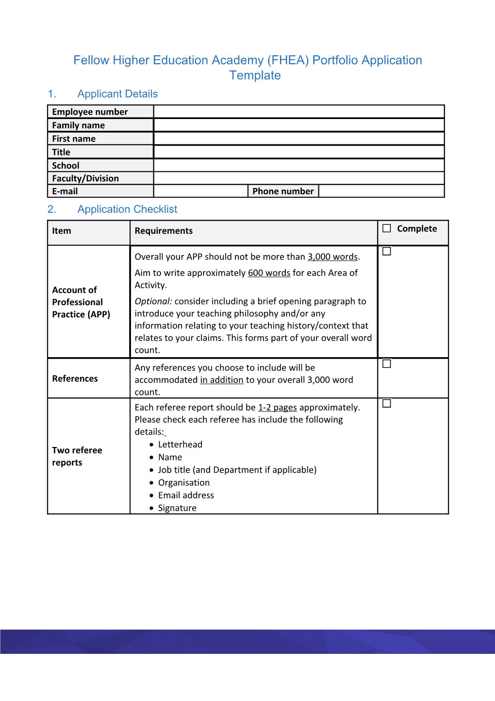 Fellow Higher Education Academy (FHEA) Portfolio Application Template