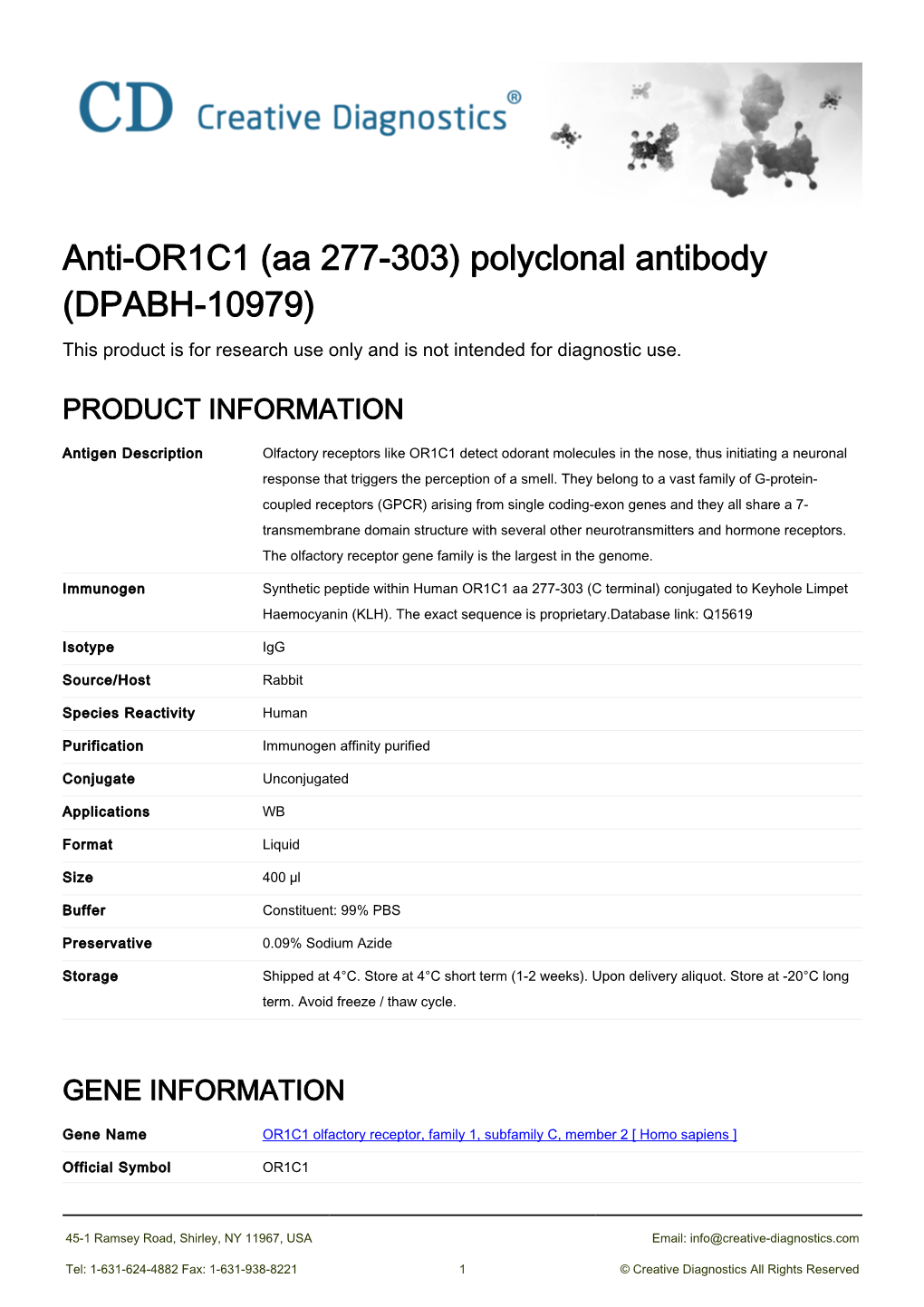 Anti-OR1C1 (Aa 277-303) Polyclonal Antibody (DPABH-10979) This Product Is for Research Use Only and Is Not Intended for Diagnostic Use