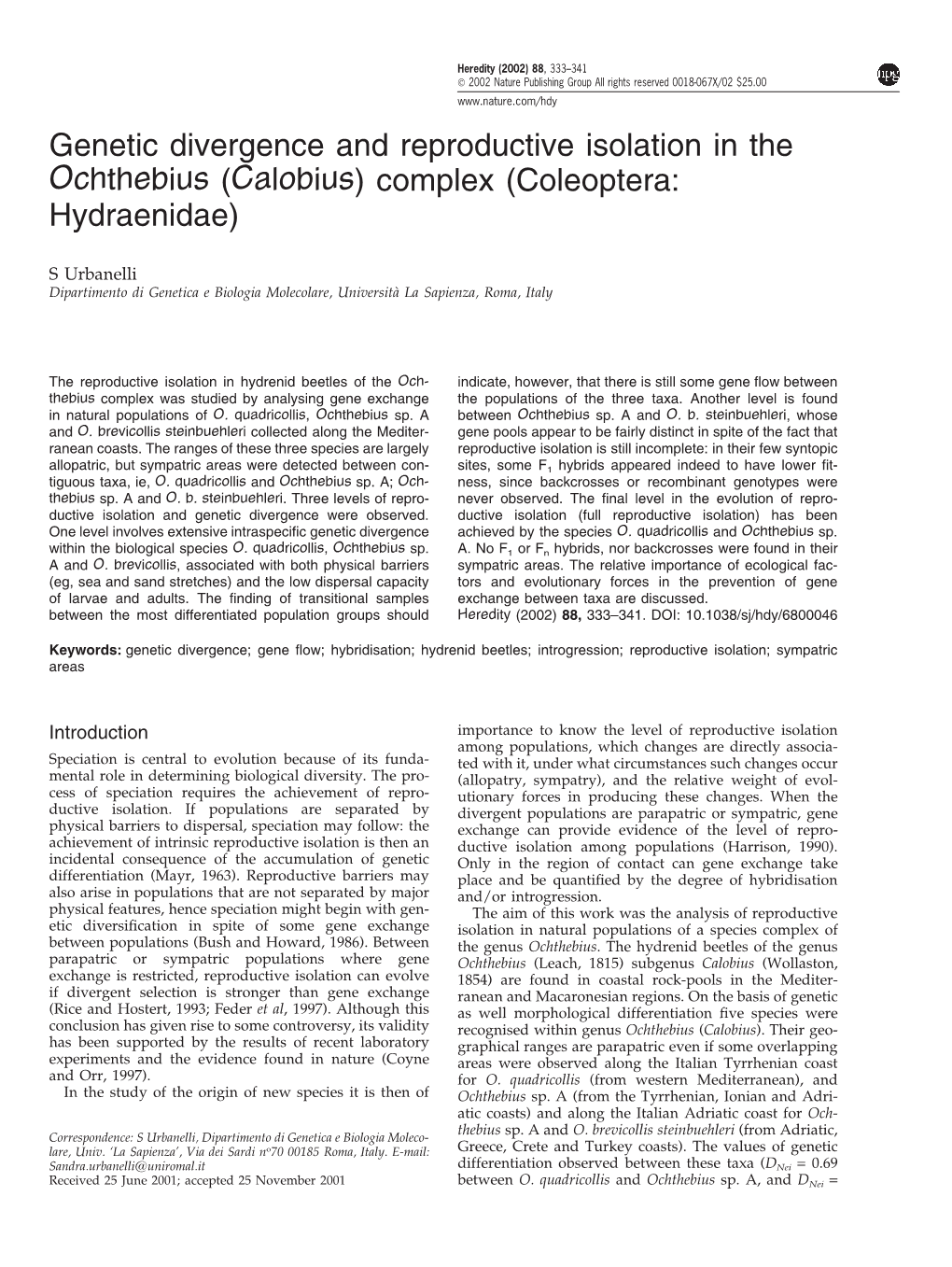 Genetic Divergence and Reproductive Isolation in the Ochthebius (Calobius) Complex (Coleoptera: Hydraenidae)