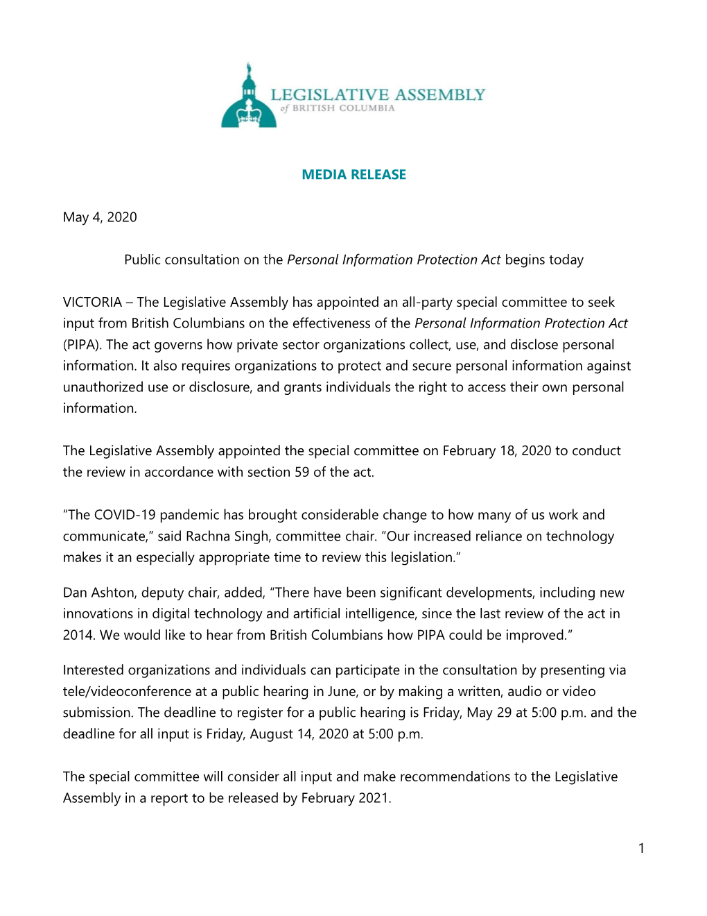 1 MEDIA RELEASE May 4, 2020 Public Consultation on the Personal