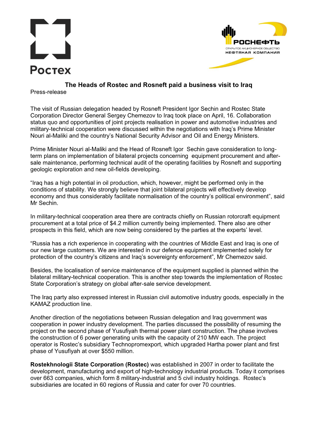 The Heads of Rostec and Rosneft Paid a Business Visit to Iraq Press-Release