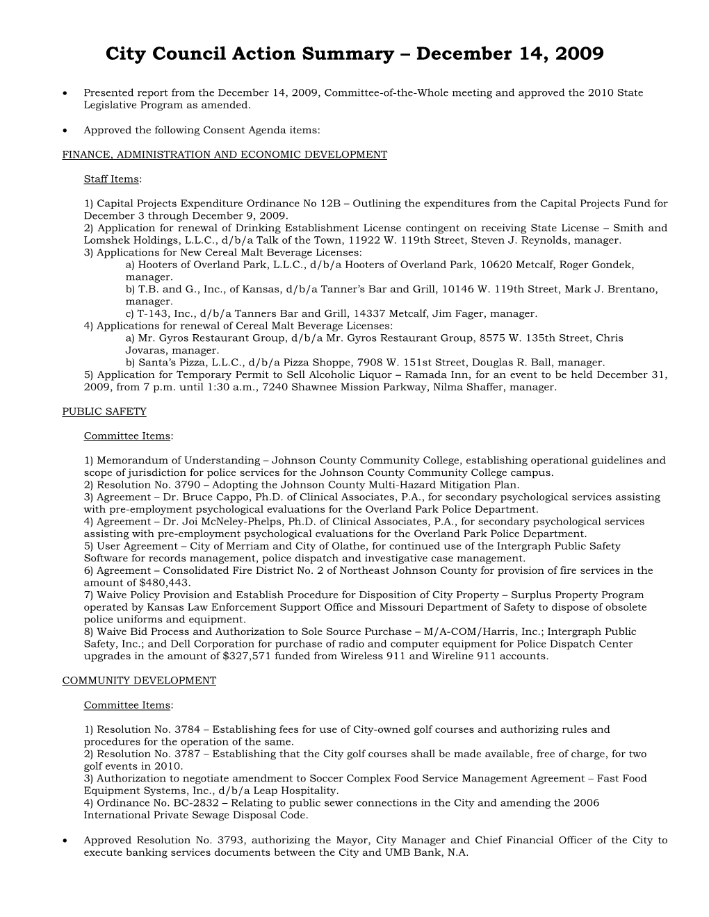 City Council Action Summary – December 14, 2009