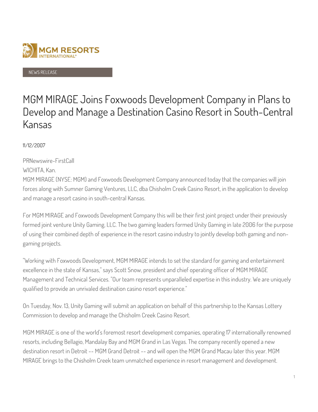 MGM MIRAGE Joins Foxwoods Development Company in Plans to Develop and Manage a Destination Casino Resort in South-Central Kansas