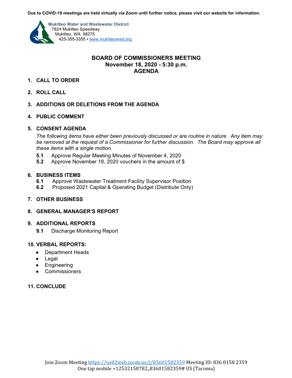 BOARD of COMMISSIONERS MEETING November 18, 2020 - 5:30 P.M